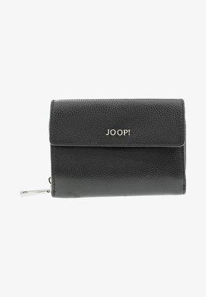 Portefeuille en cuir noir avec une finition texturée, doté d'une fermeture à rabat magnétique et de quincaillerie en métal argenté. Le nom de la marque "JOOP!" est embossé sur le devant.