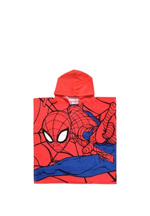 Children's hooded towel with Spider-Man graphic in red and blue, showing Spider-Man shooting webs.