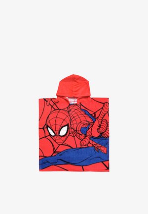 Asciugamano con cappuccio per bambini con grafica di Spider-Man in rosso e blu, che mostra Spider-Man mentre lancia ragnatele.