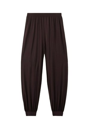 Pantalones de corte relajado en marrón oscuro con cintura y puños elásticos, confeccionados con una tela ligera y fluida.