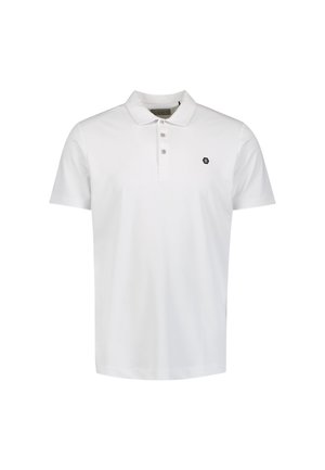 White short-sleeve polo shirt with three buttons and a small black hexagonal logo on the left chest.