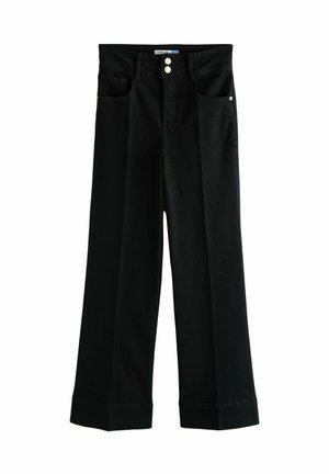 Black wide-leg jeans made from denim, featuring a high waist, two front pockets, and two metal buttons at the waistband for closure.