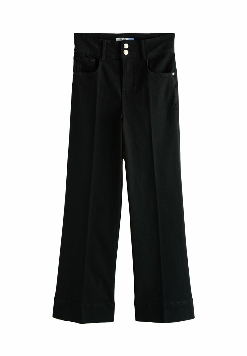 Mustad laiad teksapüksid, valmistatud teksariidest, millel on kõrge vöökoht, kaks esikülje taskut ja kaks metallist nööpi vöökohal kinnitamiseks.