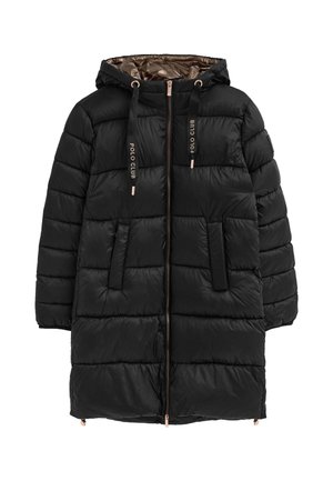 Cappotto invernale lungo imbottito nero con cappuccio, zip frontale, tasche laterali e coulisse con etichetta "Polo Club."