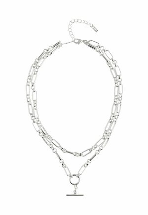Silver chain necklace with elongated links, featuring a circular pendant and horizontal bar accent. Adjustable clasp for custom fit.