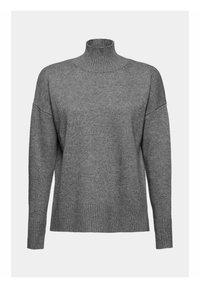 Pull en maille côtelée grise avec un col roulé haut et des manches longues, présentant une coupe décontractée et légèrement oversize.