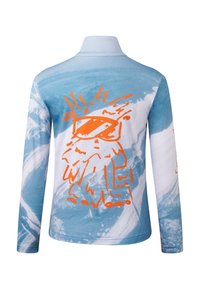 Langærmet skjorte i blå og hvid bølgemønster med et orange grafisk design, der viser solbriller, krave og tætsiddende form.