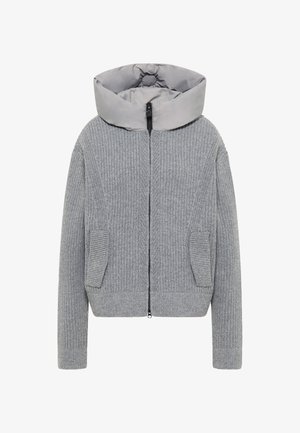 Grijze geribbelde jas met een dikke grijze capuchon, ritssluiting aan de voorkant, twee zijzakken en een gestructureerd breisel.