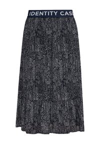 Gonna nera a strati con motivo floreale in diverse tonalità di grigio. Presenta una vita elastica blu navy con la scritta "IDENTITY CASUAL" stampata.