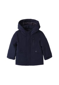 Giacca invernale blu navy con un grande cappuccio, tasca sul petto con zip e due tasche anteriori con bottone. Tessuto liscio con una texture resistente.