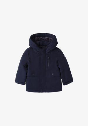 Giacca invernale blu navy con un grande cappuccio, tasca sul petto con zip e due tasche anteriori con bottone. Tessuto liscio con una texture resistente.