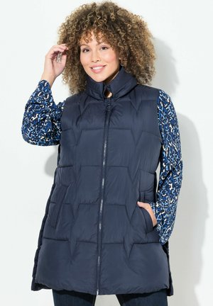 Gilet imbottito blu navy con colletto alto e zip frontale, caratterizzato da un design trapuntato. Abbinato a una camicia a maniche lunghe blu e bianca con motivo.