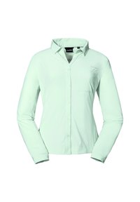 Camisa de botones de manga larga en verde claro, con cuello, que presenta un bolsillo en el pecho y un logotipo en el lado izquierdo. Textura de tela suave.