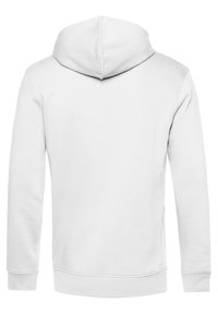 Sudadera blanca con vista trasera, que presenta una capucha con cordón, mangas largas y puños acanalados. Textura suave con un diseño sencillo.
