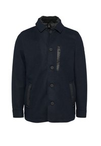 Marineblauer Wollmischmantel mit einer Reißverschlusstasche auf der Brust, zwei Seitentaschen, fünf Knöpfen und einem gefütterten Kragen. Glatte Textur und elegantes Design.