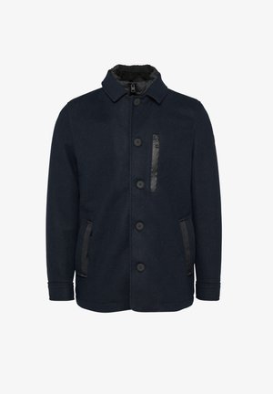 Marineblauwe wollen mixenjas met een ritsborstzak, twee zijzakken, vijf knopen en een gevoerde kraag. Gladde textuur en een strakke vormgeving.