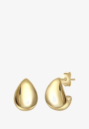 Gouden druppelvormige stud oorbellen met een gepolijste afwerking en een veilige vlindersluiting voor bevestiging. Soepele textuur, gestroomlijnd ontwerp.