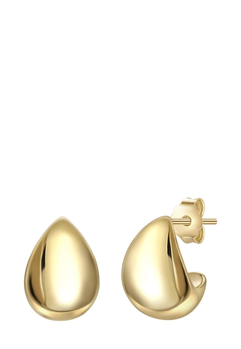 Gold teardrop-shaped stud earrings with a polished finish and a secure butterfly clasp for attachment. Smooth texture, streamlined design.