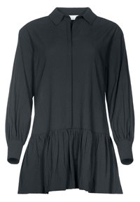 Black, long-sleeve, shirt dress with a collared neck, textured fabric, and flared hem. Features a button closure and gathered waist.