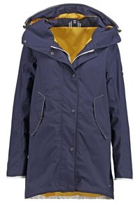 Navy waterproof jacket with a yellow interior, featuring a large hood, snap buttons, and two angled side pockets with white accents.
