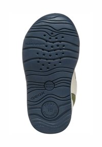 Semelle en caoutchouc bleu avec surface texturée, présentant un motif ondulé et des accents circulaires. Logos "FLEXY SYSTEM" et "GEOX" estampillés.