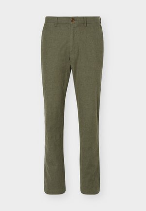 Pantalon à jambe droite vert olive avec fermeture par bouton et zip, passants de ceinture, et coupe slim.
