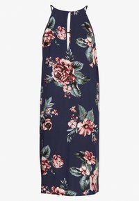 Robe midi florale en tissu marine, ornée de fleurs roses et vertes vives, avec un dos en forme de clé et des bretelles réglables.