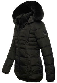 Zwarte pufferjack met een capuchon met faux fur voering, ritssluiting aan de voorkant, zijzakken en een horizontaal gestikte ontwerp. Voorzien van een logo-opdruk op de mouw.