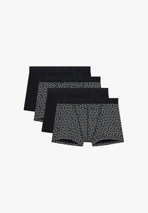 Quattro boxer da uomo, due neri tinta unita e due neri con motivi geometrici bianchi, ciascuno con una fascia in vita nera marchiata "HOM".
