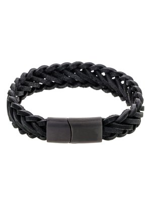 Bracciale in pelle intrecciata nera con chiusura nera liscia, che evidenzia un design testurizzato con spessori variabili nei fili.