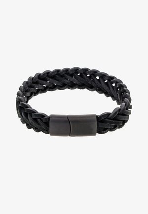 Black braided leather bracelet featuring a smooth black clasp, highlighting a textured design with varying thickness in the strands.