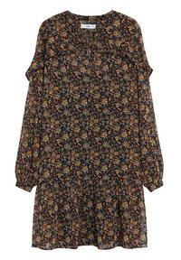 Robe à manches longues, longueur genou avec un fond noir et un motif floral complexe en marron, beige et rouge, taille froncée et poignets.