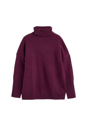 Bordeaux coltrui gemaakt van zacht breigoed, met verlaagde schouders en geribbelde manchetten voor extra textuur.