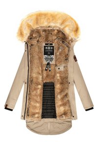 Parka beige con cappuccio foderato in pelliccia. Presenta un interno in pelliccia sintetica testurizzata, fodera a quadri nera e patch con logo. Chiusure a zip e a bottoni.