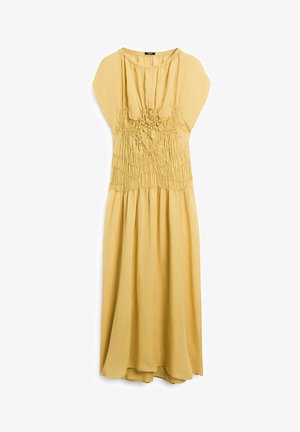 Yellow, knee-length dress with short cap sleeves, smocked bodice detail, and flowing skirt made of lightweight fabric.