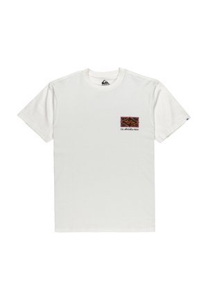 White cotton T-shirt with short sleeves, featuring a colored geometric logo patch on the left chest and a round neckline.