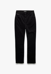 Svarta denimbyxor med rak bendesign. Har en frampocket, en liten dragkedjeficka och metall detaljer på midjan.