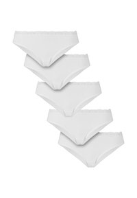 Five pairs of white panties made of soft fabric, featuring a delicate lace trim along the waistband and a smooth, basic design.