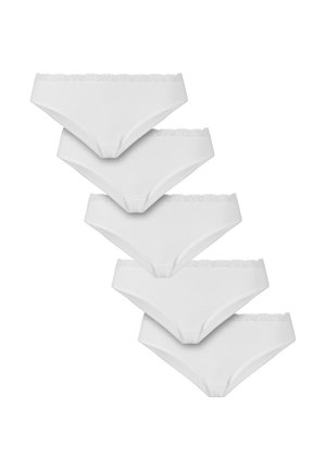 Cinque paia di mutandine bianche in tessuto morbido, con un delicato pizzo lungo l'elastico in vita e un design semplice e liscio.