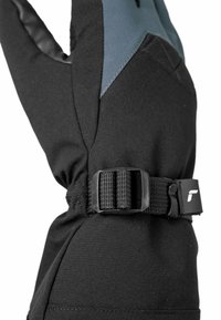 Schwarzer isolierter Handschuh mit strukturiertem Finish, ausgestattet mit blauen Details, elastischem Handgelenk und einer schwarzen Schnallenbefestigung für sicheren Halt.