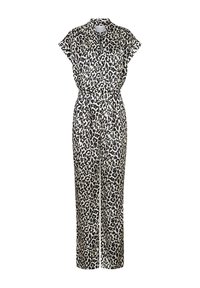 Luipaardprint jumpsuit gemaakt van lichtgewicht stof, met een collared halslijn, korte mouwen en een tailleband. Rechte pijpen.