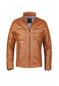 Chaqueta de cuero marrón con un cuello alto, cierre de cremallera en la parte delantera y dos bolsillos en el pecho. Presenta detalles acolchados en las mangas.