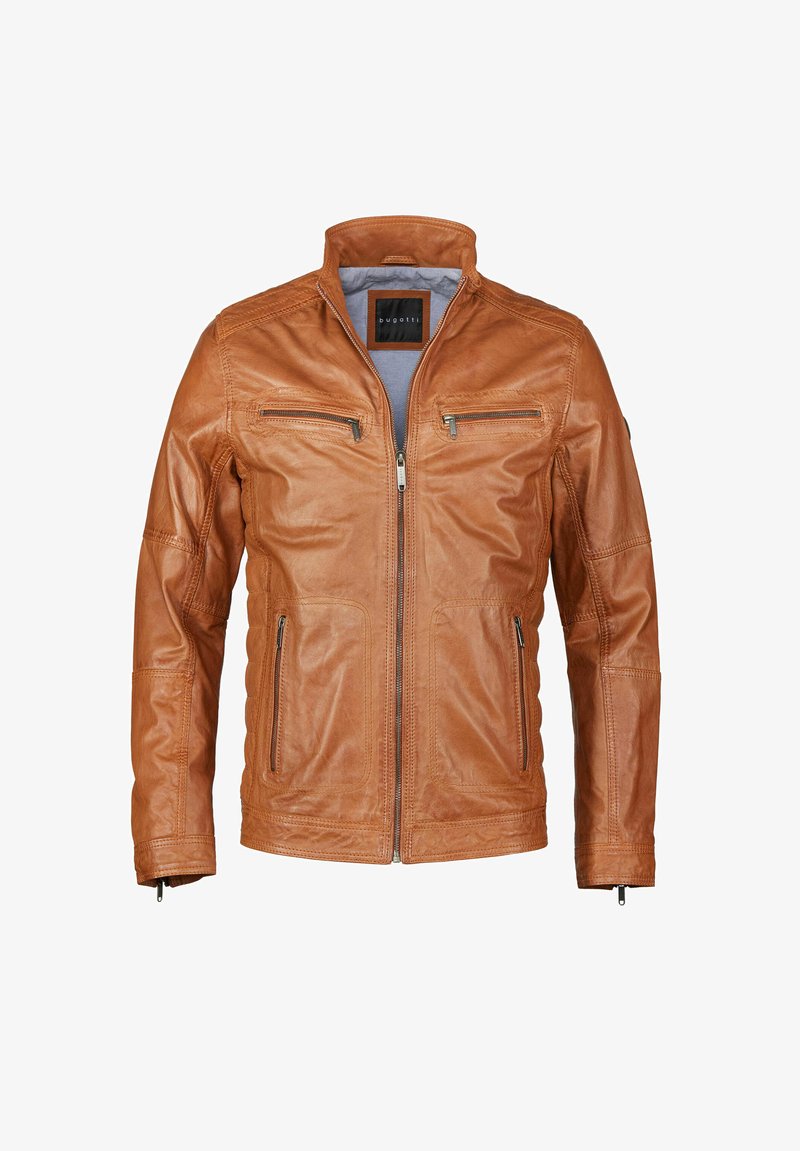 Hnedá kožená bunda s vysokým golierom, na zips vpredu a dvoma náprsníkovými vreckami. Obsahuje prešívané detaily na rukávoch.