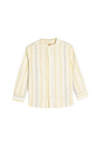 Lichte, langverzekerde shirt in crème met verticale grijze en gele strepen. Heeft een mandarin kraag en een knoopsluiting aan de voorkant.