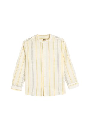 Lichte, langverzekerde shirt in crème met verticale grijze en gele strepen. Heeft een mandarin kraag en een knoopsluiting aan de voorkant.