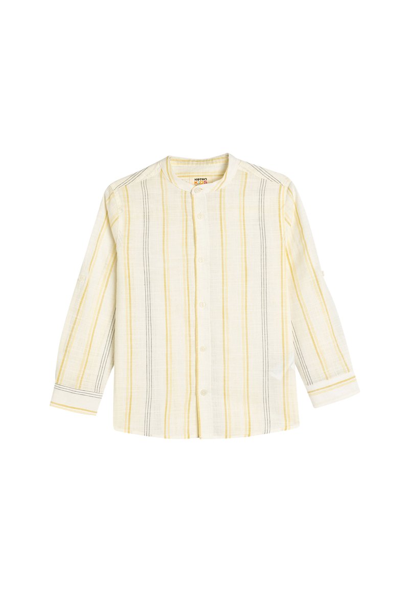 Lichte, langverzekerde shirt in crème met verticale grijze en gele strepen. Heeft een mandarin kraag en een knoopsluiting aan de voorkant.