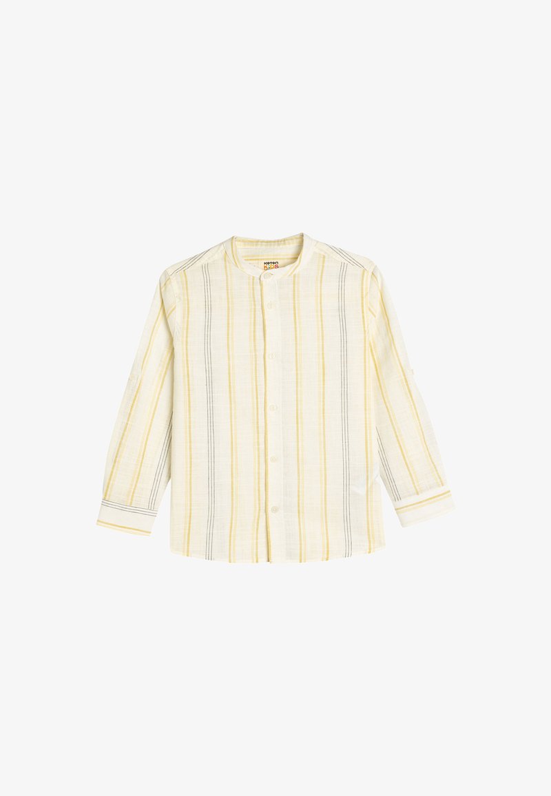 Lichte, langverzekerde shirt in crème met verticale grijze en gele strepen. Heeft een mandarin kraag en een knoopsluiting aan de voorkant.