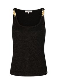 Black sleeveless top with a textured finish, featuring gold hardware accents on the straps and a rounded neckline.