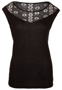 Mustat ilmanhihoiset paidat V-kaula-aukolla, jossa on pitsipaneeli ja kukalliset kuvioinnit kaula-aukolla. Pehmeä, kevyt materiaali.