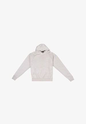 Light gray hoodie made from soft fabric. Features a front pouch pocket, ribbed cuffs, and a drawstring hood. Simple, clean design.